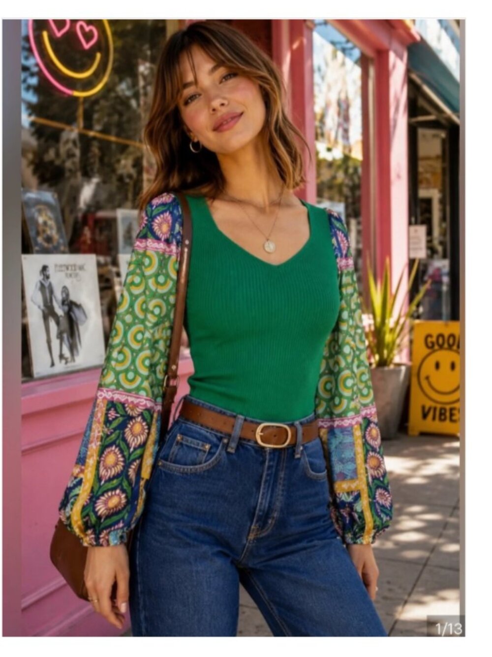 Bailey 44 Green Ribbed Knit Top Retro Pattern Balloon‎ Sleeve V-Neck Size Small